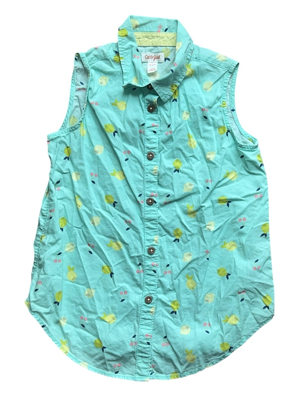 Cat & Jack Girls' Turquoise Sleeveless Button-Down Shirt Lemon Print Size M 7/8